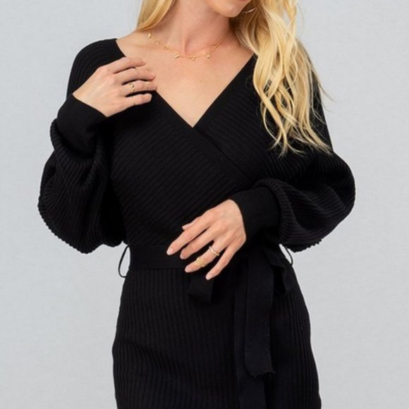 NEW Black Rib Knit Sexy Wrap V Neck Classic Little Black Sweater Dress - Picture 5 of 10
